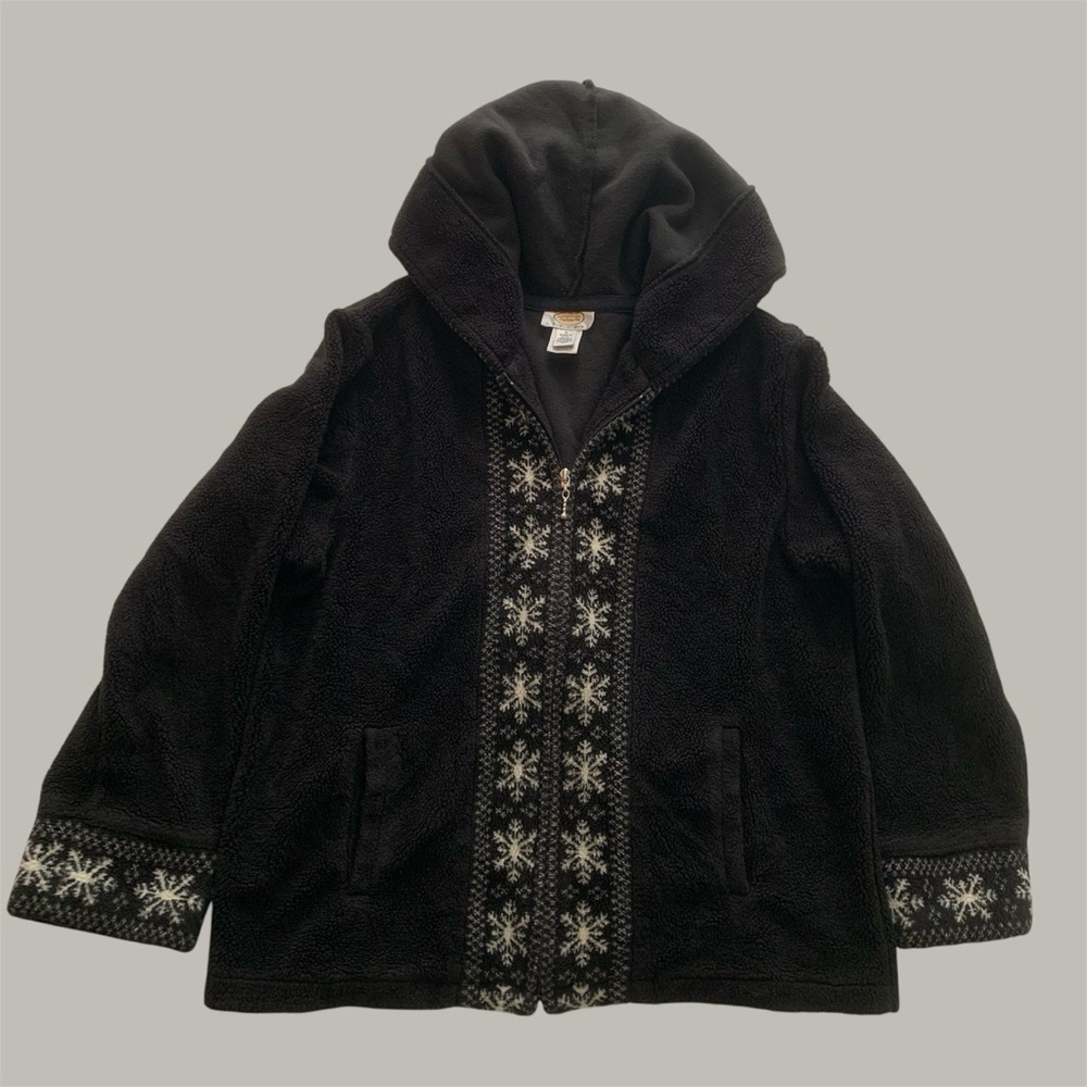 Vintage Black and White Zip Up Fleece Snowflake Hoodie Size Large